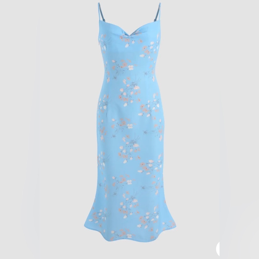 NWT Cider Floral Y2K Cowl Neck Midi Dress Blue Floral Size Large